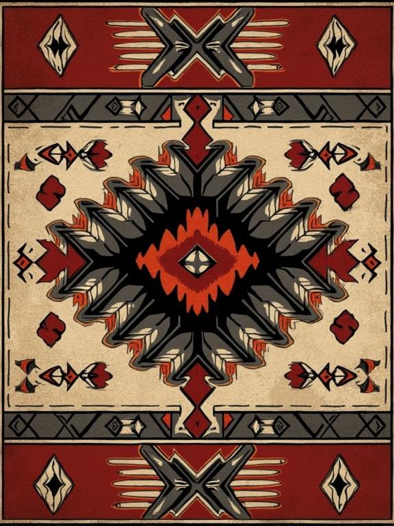 Design features a central star-like motif surrounded by geometrical shapes. The color palette includes red, black, and beige. Abstract tribal patterns are used throughout.