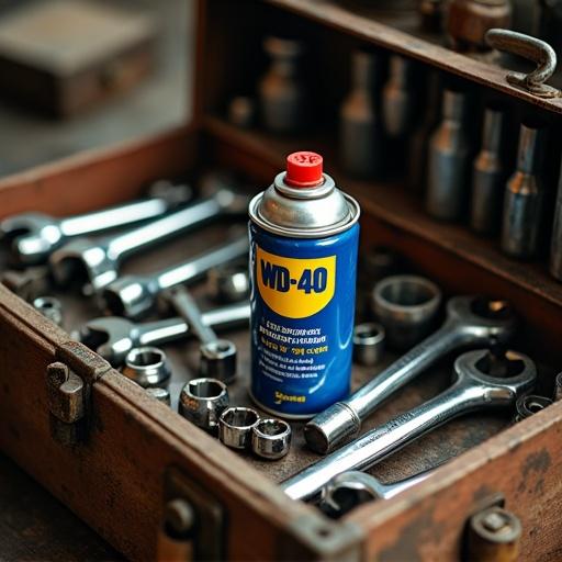 A realistic photo of an old toolbox filled with metal wrenches and sockets. In the center lies an aerosol can with a red cap and blue-yellow-red label in Cyrillic text. Scene has warm lighting and a vintage industrial atmosphere with grease smudges on tools.