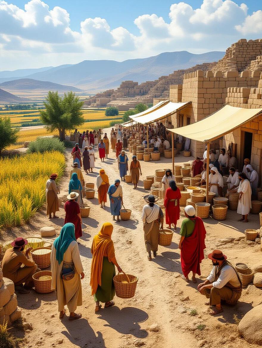 Vibrant scene showing community of Israelites. People dressed in period costumes. Thriving in Canaan. Farming celebrating and living in harmony. Symbolizes growth of a new nation.