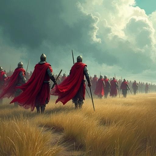 Digital painting depicting red-cloaked warriors charging across a windswept field. Lead soldier stands with sword raised high. Dynamic movement captured with loose brushstrokes. Deep crimson cloaks against muted golden grass. Stormy teal skies overhead. Light filters softly through clouds. Evokes an epic and urgent feel.