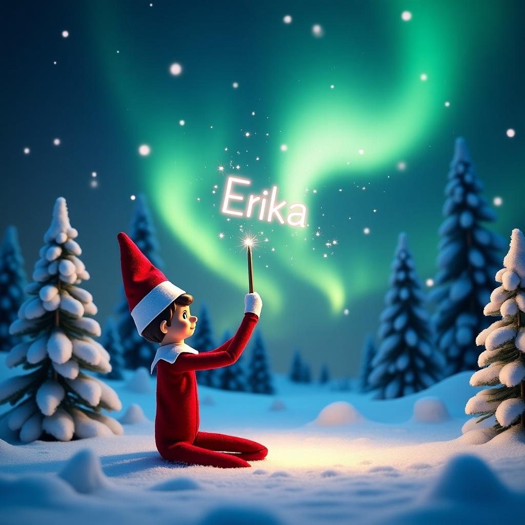 A whimsical scene featuring an Elf on the Shelf character kneeling in the snow. The elf is using a magic wand to write the name 'Erika' in the air. In the background, stunning northern lights illuminate the night sky with shades of green and blue. Snow-covered trees surround the elf, enhancing the winter wonderland atmosphere. The scene captures the essence of holiday magic and personalization, making it perfect for festive decor or children's stories.