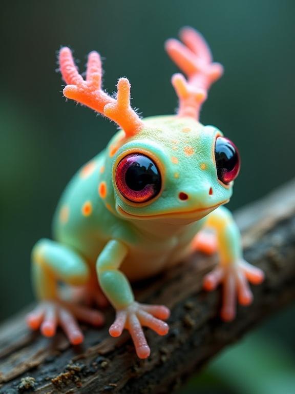 A small, fantastical creature perched on a tree branch. The body has a pale mint green color transitioning to pastel yellow. Marked by bright reddish-pink spots that glow. It has large, expressive eyes with black pupils and pink irises. Two antler-like appendages resembling coral are on its head. Legs are slender and colorful with a shimmering texture. Background is soft and blurred with muted greens, adding to the magical look.