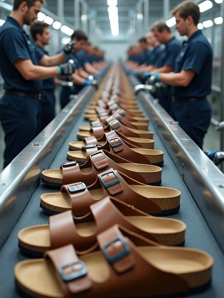 A professional thumbnail design featuring brown Birkenstock sandals on a conveyor belt. Sandals have two adjustable straps with metal buckles. The conveyor belt is shiny and extends into a factory. Many sandals are neatly arranged. The scene includes workers in uniforms and heavy machinery. A robotic arm picks up a sandal. The design highlights craftsmanship and advanced technology.