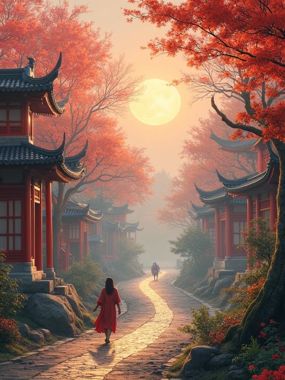 A serene landscape featuring traditional Asian architecture and autumn foliage. The scene includes a pathway illuminated by a soft moonlight. Two figures walk along a path flanked by red trees, creating a peaceful atmosphere.