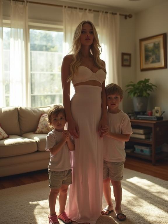 Full body photo of a beautiful mother with blonde hair dressed in a long pink dress. Two young boys are standing beside her, holding her hands. Background shows a cozy living room with natural light. The aesthetic is soft and warm.