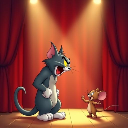 A dynamic scene featuring a furious cat and a cheerful mouse on a theater stage with a wooden floor and crimson curtains. The cat stands tense with claws out, mouth snarled, and tail up, while the mouse dances playfully with a wide grin and raised arms. Warm spotlights highlight their interaction, showcasing a comical rivalry in a vivid setting.
