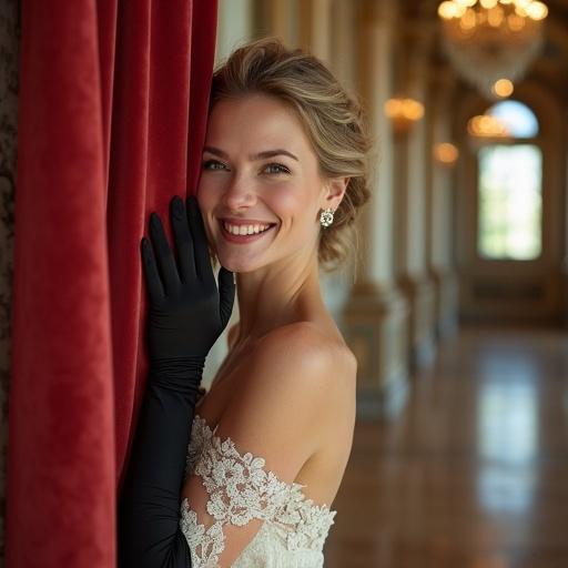 A supermodel stands behind a velvet curtain in a grand hallway. She has porcelain skin and ash-blonde hair. The model giggles and partially hides her face with a black satin glove. Pearls adorn her hair. The background features marble columns and crimson silk drapes. Reflections in mirrors show her pose. Crystal chandeliers illuminate the scene. The focus is on her charming expression and detailed gloves.