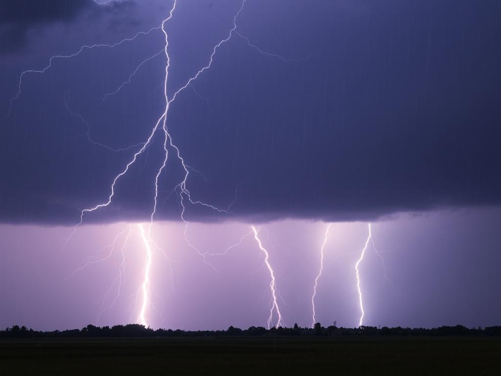 This image captures a stunning display of multiple lightning bolts striking against a darkened sky during a thunderstorm. The bolts illuminate the landscape below, creating a dramatic contrast between the vibrant flashes of light and the ominous cloud cover. The natural spectacle conveys both the beauty and power of nature.