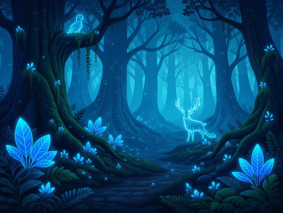 A mystical forest scene shows bioluminescent plants glowing in the dark. An ethereal deer stands in a path surrounded by glowing flora. A luminescent bird perches on a tree branch. The scene is shrouded in a deep blue light with vibrant green plants and trees.