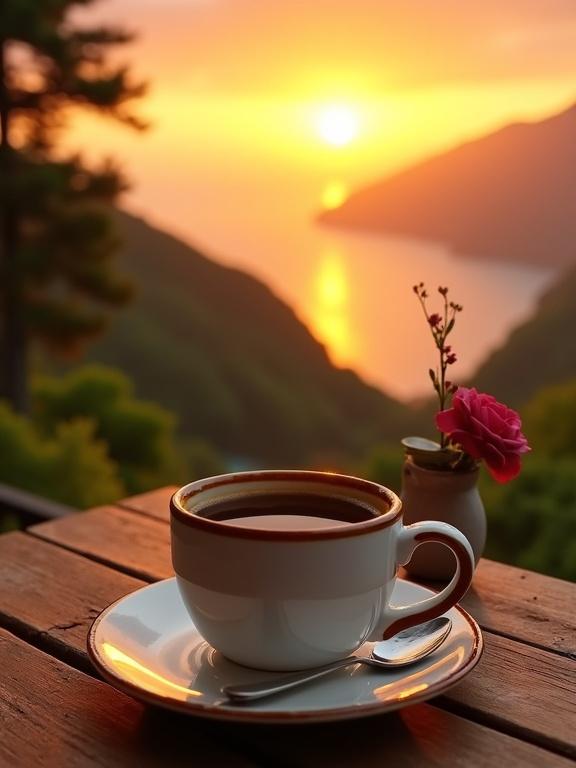 A cup of coffee placed on a wooden table in an outdoor setting. A stunning sunrise or sunset is seen in the background, showing vibrant colors. The coffee cup is white with a brown rim. A small vase with a rose is beside the cup. Hills and water reflect the golden light.