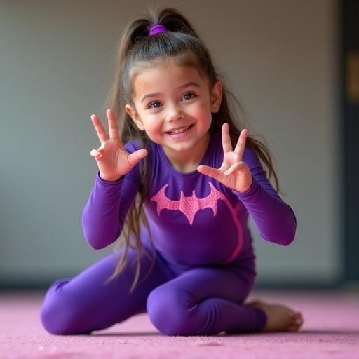 Young gymnast girl wearing purple superhero spandex outfit with pink details. Posing on the floor on her knees showing v with fingers. Closeup view from below. Creative pose.