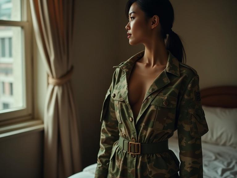 Asian female soldier poses elegantly in military uniform inside a room. After intense training she removed camouflage uniform. Full body shot with boudoir style lighting.