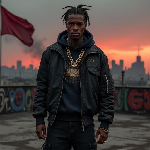 Realistic depiction of a male popstar with strong jawline and dark brown skin. Short dreadlocks tied back. Face tattoos and gold grills. Wears a black bomber jacket over a hoodie. Baggy jeans and combat boots. Urban backdrop with graffiti and smoke. Intense expression and gritty atmosphere.
