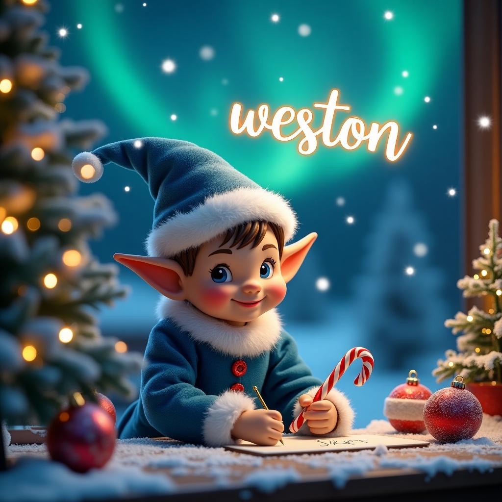 A Christmas elf in blue writing names on baubles. Elf has a playful expression, holding a candy cane. Table has holiday decorations. Softly lit Christmas tree with lights in the background. Name 'weston' sparkles in the northern lights. Names Kelsi, Coby, Lewis, Jazmine, Lottie are written on baubles.