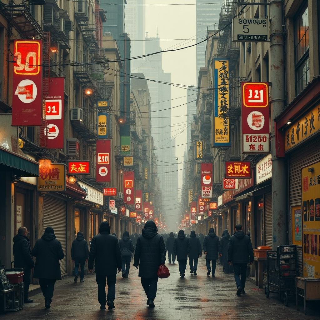 A bustling street scene in a Chinese city, filled with neon signs featuring numbers 30 and 31 prominently. The atmosphere is somber and foggy, creating a sense of gloom among the pedestrians. Shadows of people walk through the street, adding to the urban vibe. The image has a collage effect with glitch elements, enhancing the surreal feeling of the city. It's a powerful representation of urban life, showcasing the juxtaposition of bright signs against a dreary backdrop.