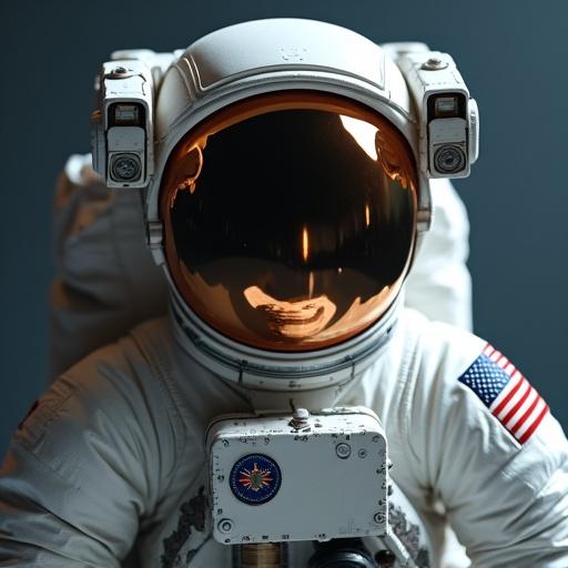 Close-up shot of an astronaut in a space suit. Focus on helmet and visor with reflective elements.