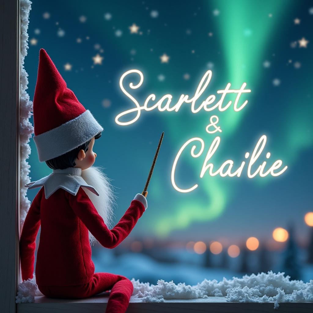 The image illustrates a whimsical scene of an Elf on the Shelf with its back towards the viewer. The elf is facing the night sky filled with sparkling stars and vibrant northern lights. It holds a wand, elegantly writing the names 'Scarlett & Charlie' in the sky. The background is a magical winter landscape, showcasing a snowy setting illuminated by the celestial display. The elf, adorned in a classic red suit with white accents, enhances the festive atmosphere of the image, evoking the spirit of Christmas. This enchanting scene captures a moment of holiday magic that's sure to delight viewers.