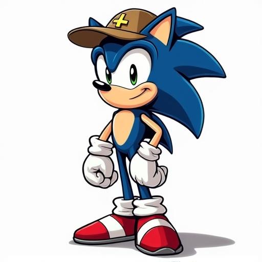 Draw Sonic character wearing park ranger hat and Lycra jumpsuit with no background.