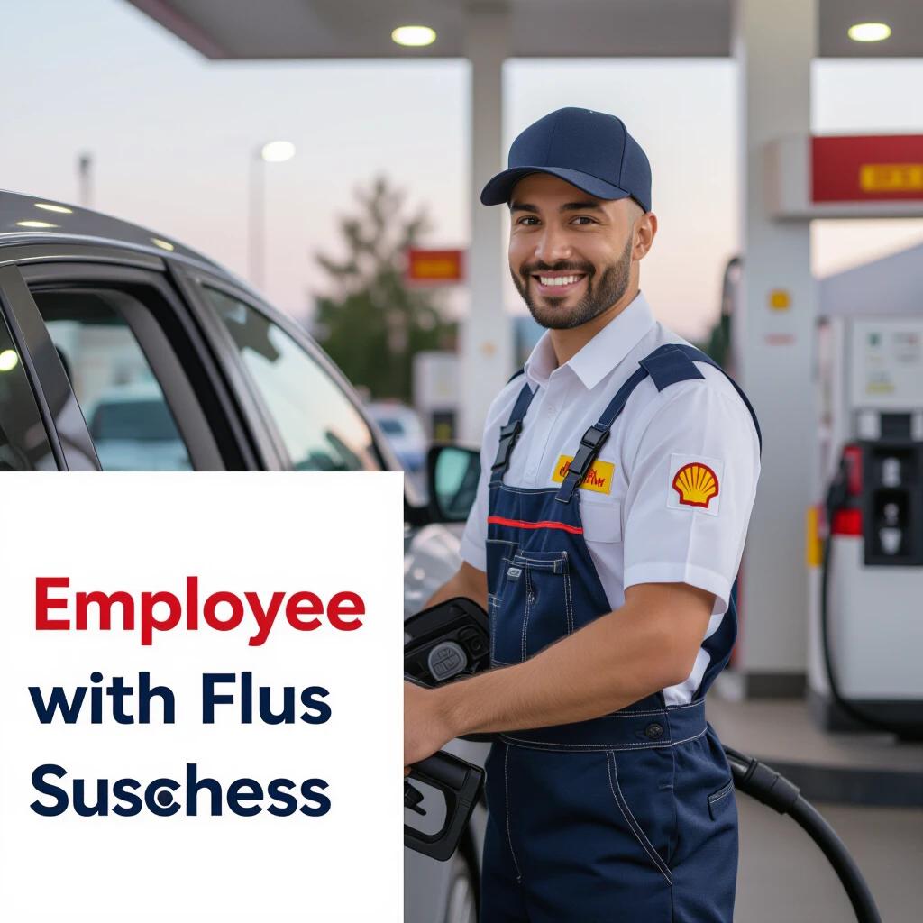 Employee at a fuel station refilling a customer's vehicle with a smile. Employee wearing Shell logo on arm. Evening setting with soft light. Text overlay with company name Shell.