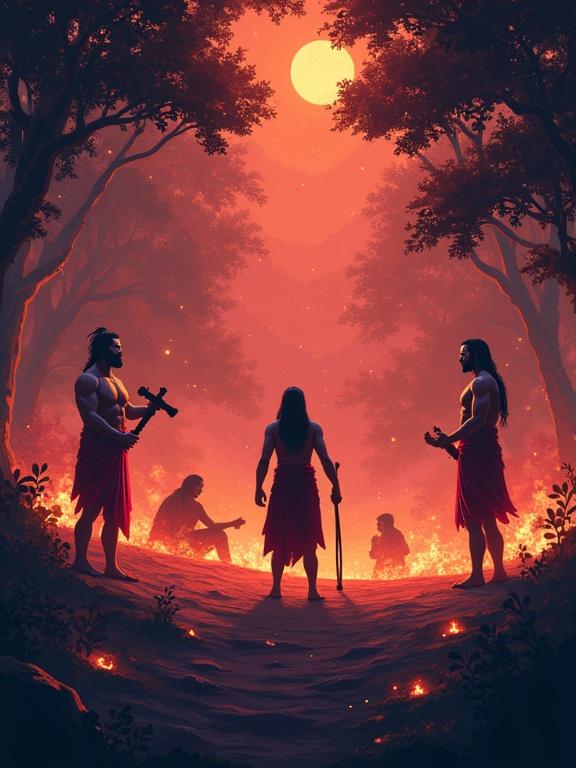Intense scene featuring the Pandavas in a forest. Bhima holds a mace. Arjuna with a bow is seated with steam rising. Yudhishthira stands solemnly. Draupadi cries near a tree. Glowing embers and fireflies surround them. The sky is reddish-orange. Trees appear dark and scorched. Emotional expressions reflect a promise of vengeance.