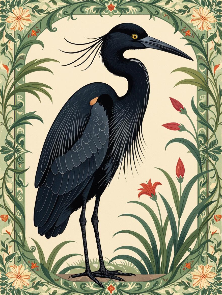 Stylized illustration of a heron featuring the head of an ibis. The heron is solid black depicted in side profile. Surrounded by floral elements with a decorative border.