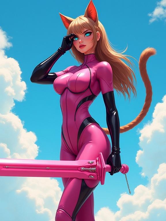 Mature woman with long light brown hair and cat features. Wearing a dark pink body suit and pink combat heels. Wielding a pink sword. She gazes into the bright blue sky. The background shows fluffy clouds. Full body render in a sci-fi style.