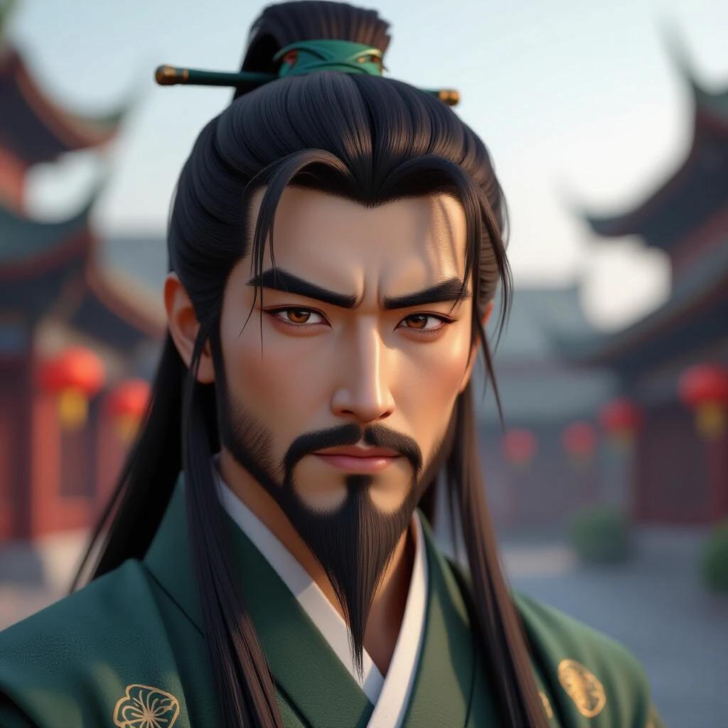 3D hyper-realistic character design with ancient Chinese style. Male character approximately 35 years old. 180 cm tall with black hair styled in a high ponytail using a wooden hairpin. Hair shows natural shine and slight texture. Strong square jawline with prominent cheekbones. Furrowed brow creating a '川' shape. Deep-set almond-shaped eyes with amber irises expressing anxiety and fatigue. High and broad nose with slightly flared nostrils, slightly parted lips showing upper teeth. Defined jawline with a tanned skin texture having sun spots. Small stubble on the jawline and a faint old scar on the left cheek. Dressed in a coarse hemp cross-collar robe with worn areas, secured at the waist with a leather belt. Crafted with PBR materials at 8K resolution.