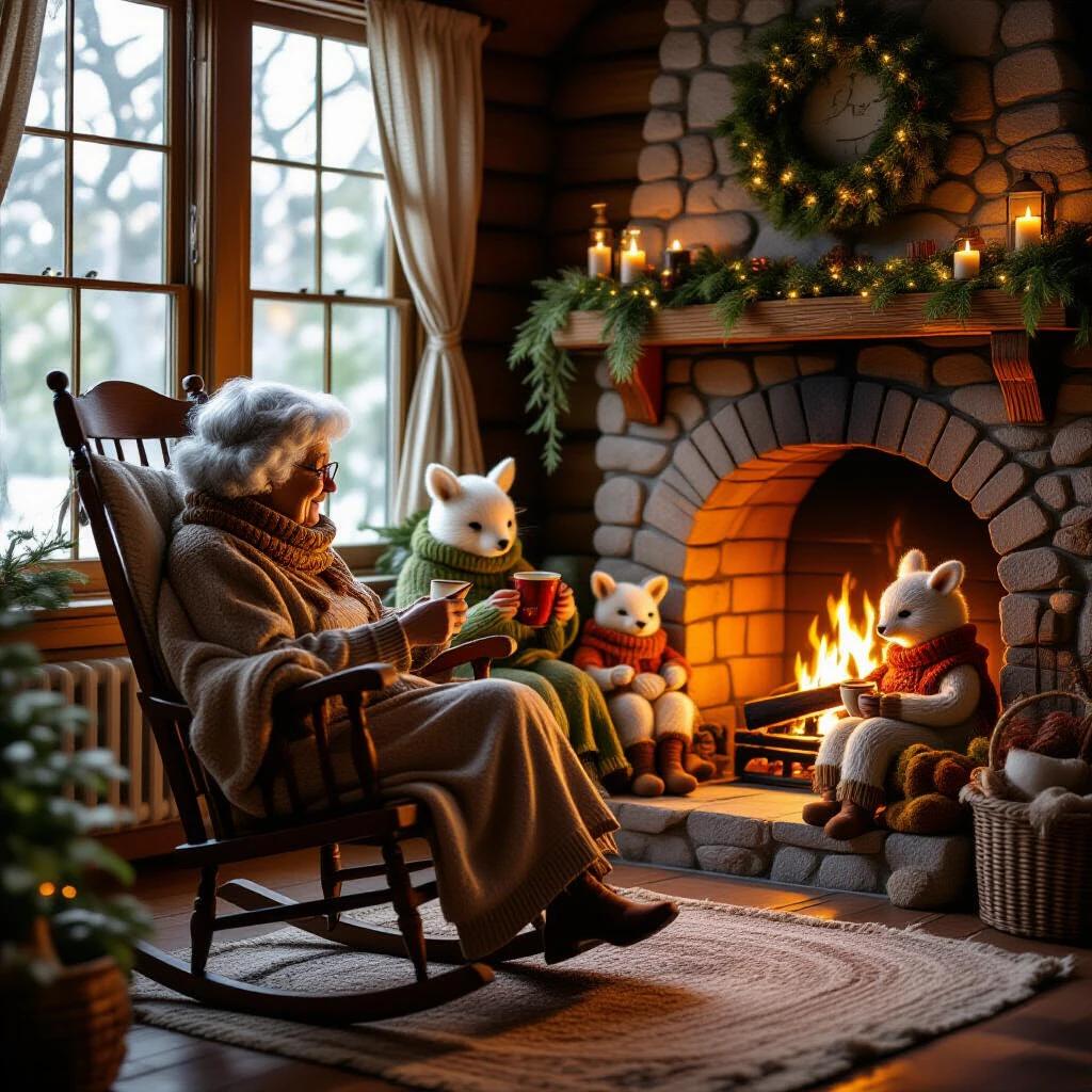 Grandma sits in a rocking chair by the fireplace. Gentle forest beasts knitted scarves. They brewed tea and tidied the hearth. The creatures glow faintly. Made from moss, fur, and fireflies. Cozy cottage interior with golden hour lighting. Soft shadows create a fantasy cottagecore aesthetic.