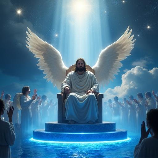 Jesus sitting on a throne in Heaven. Sapphire blue glowing floor. Angels worship around him.
