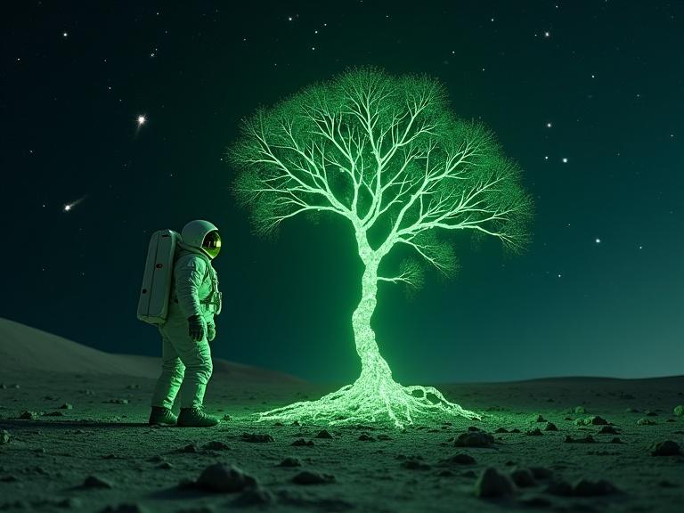 An astronaut plants a seed in a lunar desert. The soil emits an emerald-green glow. As the seed is buried roots of light sprout and form a fractal tree. The tree branches skyward connecting with unseen constellations. A meteor shower illuminates the scene with silvery flashes.