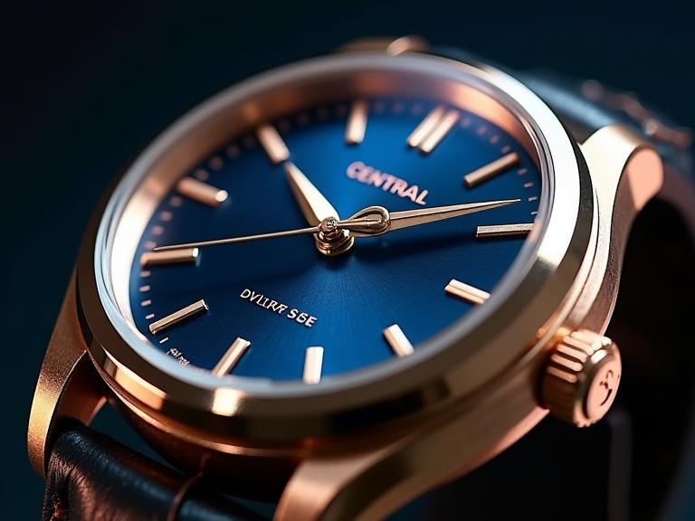 Central watch featured in macro view. Highly detailed photography showcasing a sapphire crystal. Prominent gold indices added for luxury effect. Soft cinematic lighting enhances the watch's features. Set against a dark background for dramatic contrast.