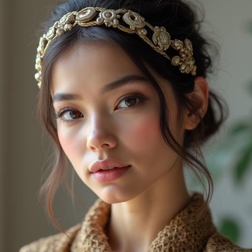 Portrait of a model wearing a decorative gold headband adorned with elegant details. Hair styled softly with a warm, cozy background.