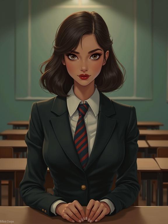 Woman in formal teacher outfit sitting behind a desk in a classroom setting. Dim lighting accentuates her features. Style resembles pinup art with attention to detail.