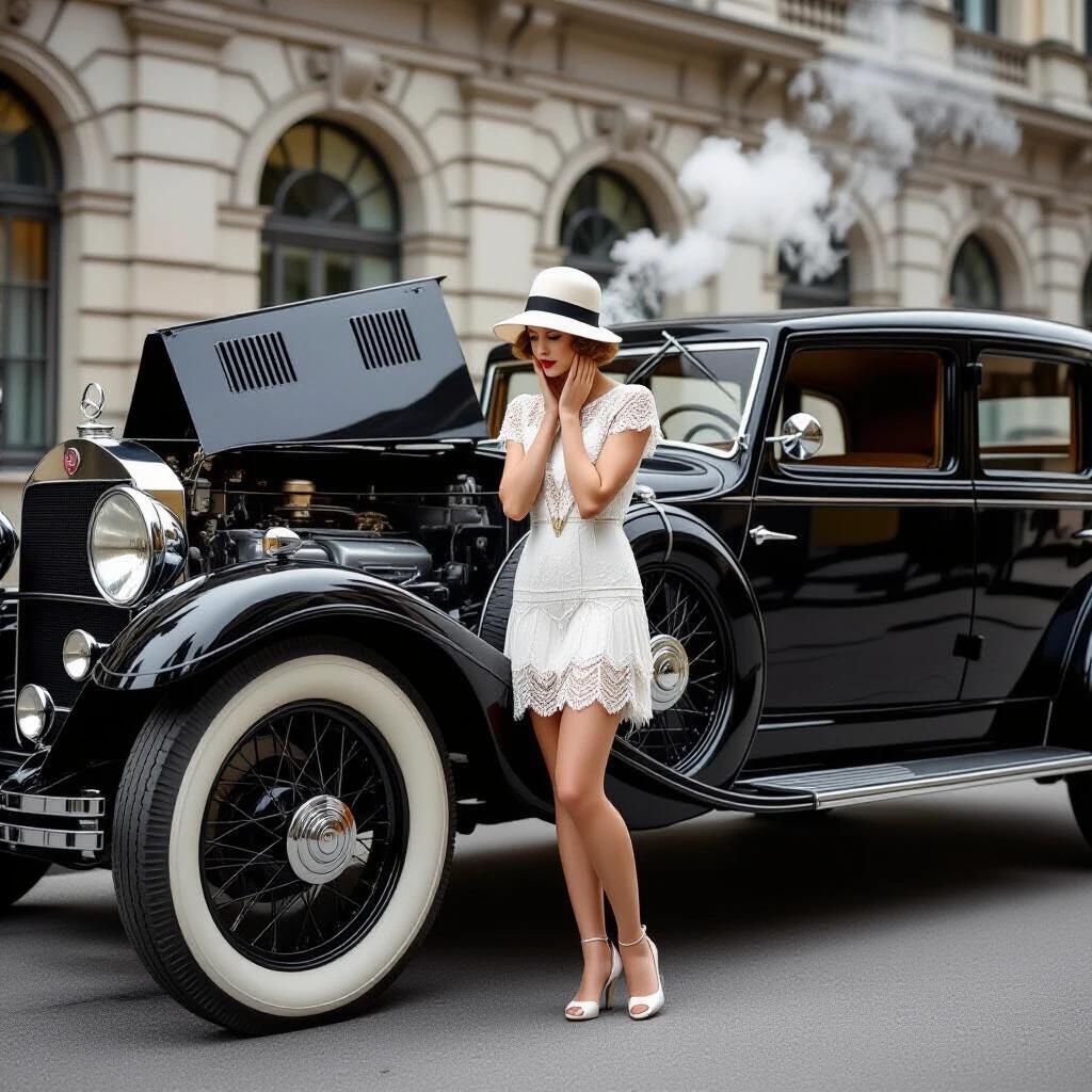 Photorealistic image showcases a stylish woman in a white lace dress and cloche hat beside a vintage 1928 Mercedes-Benz 18/100 PS Sportwagen. She leans against the left fender with her hands on her cheeks. The car hood is open, revealing a straight-six engine with steam erupting from the radiator. Background features a misty mountain pass, emphasizing an atmospheric setting.