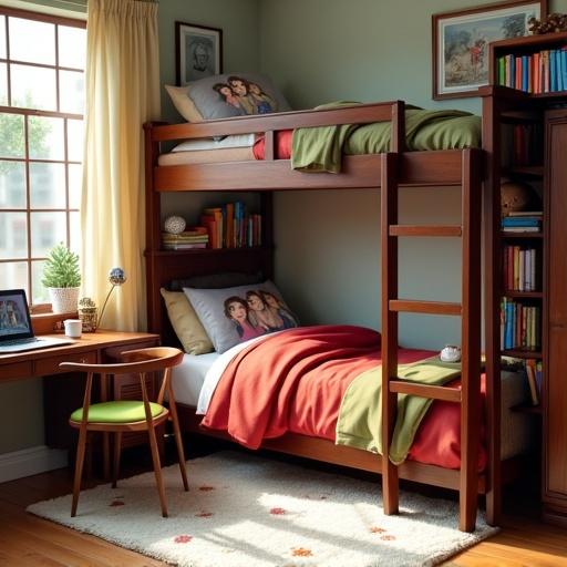 Room with a white floral-patterned carpet and dark brown wooden bunk bed. Upper bed has olive green blanket and gray pillow of three girls. Lower bed features red blanket and pink pillow with three girls. Nearby dark brown bookshelf full of colorful books, with a brown statue at the top. Dark brown wardrobe beside the bookshelf. Large window providing soft light. Below window, foldable wall-mounted shelf as desk with books and coffee cup. Wooden chair with green cushion in front. Dark brown study desk with string lights and decorative items.