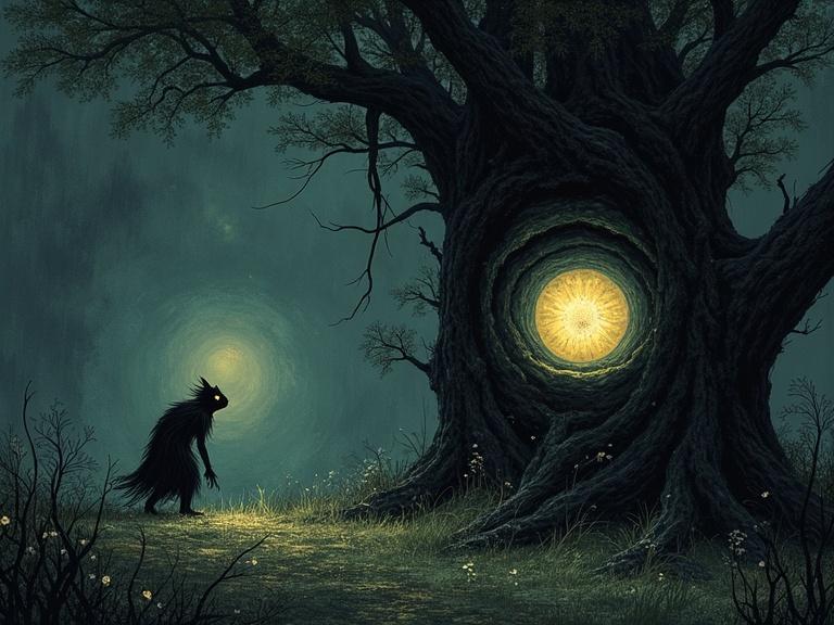 A striking illustration featuring a dark creature with sparkling eyes standing before a large mystical tree with a glowing portal. The scene evokes a sense of mystery and danger, blending the styles of John Bauer and Ashely Wood in a storybook format.