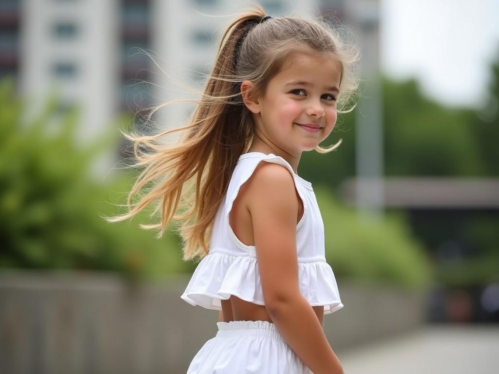 The image depicts a young girl with long, flowing hair tied in a ponytail. She is wearing a stylish white two-piece outfit that reflects a summery vibe. The girl is standing outdoors, turning slightly to her right and smiling softly at the camera. The background shows an urban setting with modern buildings and lush greenery. This creates a relaxed atmosphere, perfect for capturing the essence of childhood joy and playful innocence.