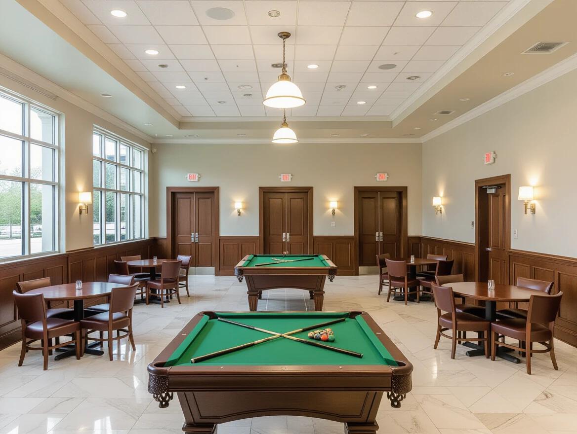 Spacious multipurpose hall on a single floor. Wide layout with six round tables each surrounded by four chairs. Tables arranged in a neat grid. Large space between tables. Central pool table at the lower area. Floor made of polished marble or wood. Clean and modern interior design. Soft ambient indoor lighting with wall-mounted fixtures. Dual washroom entrance at the far end of the hall. Minimal decor creating an organized and clutter-free environment. Photorealistic image shot from a wide-angle perspective.