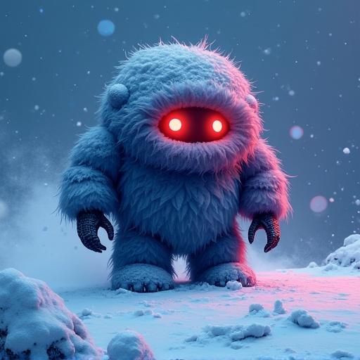 Abominable Snowbot illustrated in darkball art style. Character features fluffy texture and bright colors. Set in a snowy landscape.