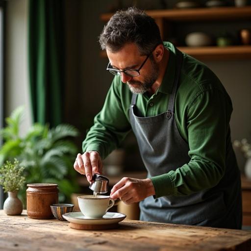 A Japanese man prepares a cup of matcha tea over an old wooden table. A beautiful green background is visible behind him.