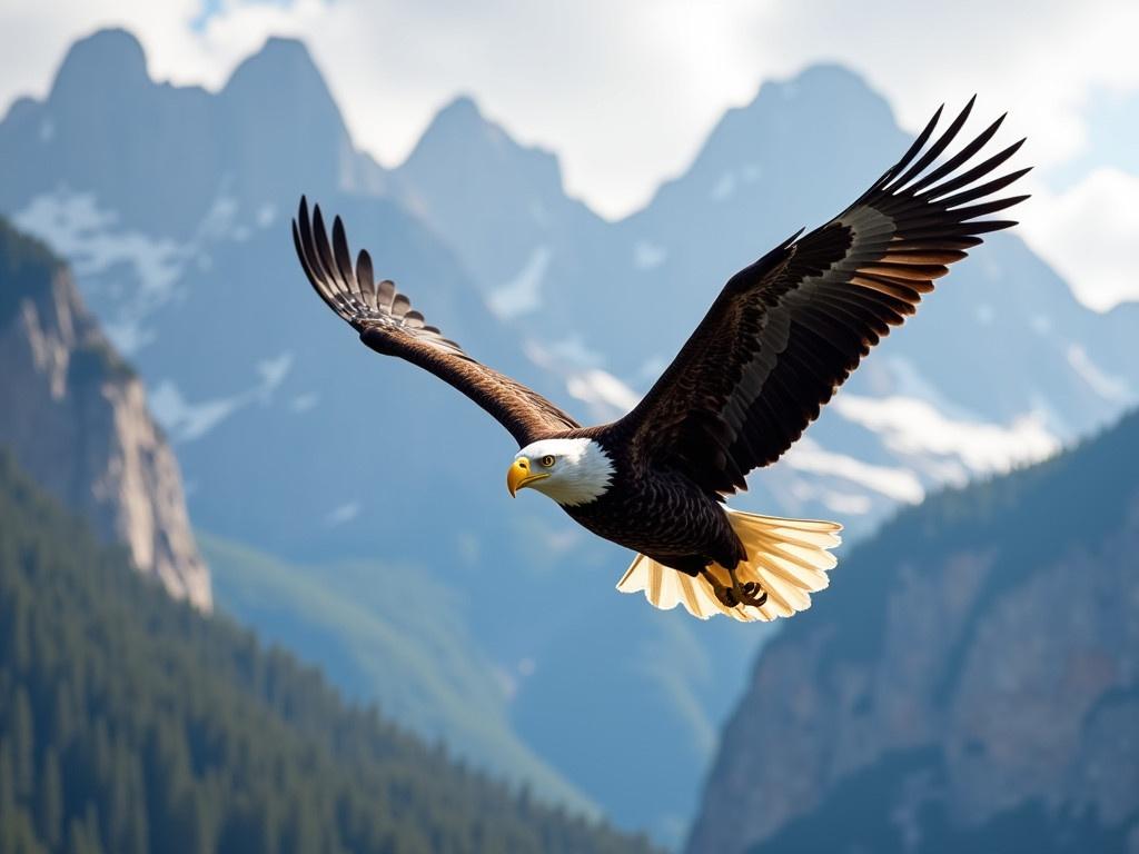 A Bald Eagle is soaring gracefully in mid-air. Its impressive wings are fully extended, displaying the contrast of dark feathers against the bright white head and tail. The background showcases a blurred view of majestic mountains, hinting at its natural habitat. The sun shines down, highlighting the eagle's powerful build and sharp beak. This magnificent bird embodies freedom and strength as it navigates effortlessly through the open sky.