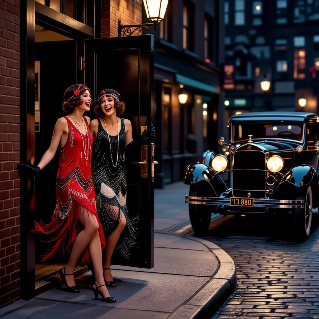 Scene depicts two flappers leaving a speakeasy while giggling. Their outfits are stylishly 1920s. An old-fashioned car is parked on the curb ready to drive away. Urban background shows streetlights and buildings.