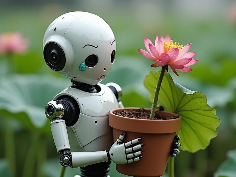 A sad robot holds a pot with a wilted lotus flower, chrome tear flows down robot's cheek. The scene captures the emotion of loss and beauty.