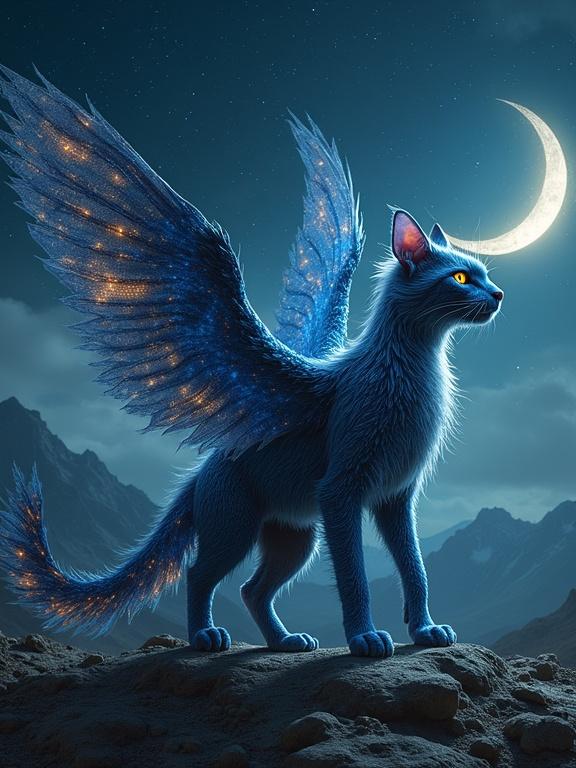 In a windswept alien valley, two crescent moons illuminate the land. The Eclipsara is a majestic creature, part shadowy feline and part translucent bird-of-paradise. Its body is dark with glowing constellations. The wings are semi-transparent and resemble living nebulae, trailing luminous particles.