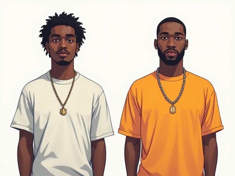 Digital illustration featuring two male rappers. One wears a white t-shirt; the other an orange t-shirt. Both are facing forward without any rotation. Their postures are straight and neutral, creating a police lineup appearance. No accessories are present. The background is solid white. Bold outlines and flat colors illustrate in a stylized comedic manner.