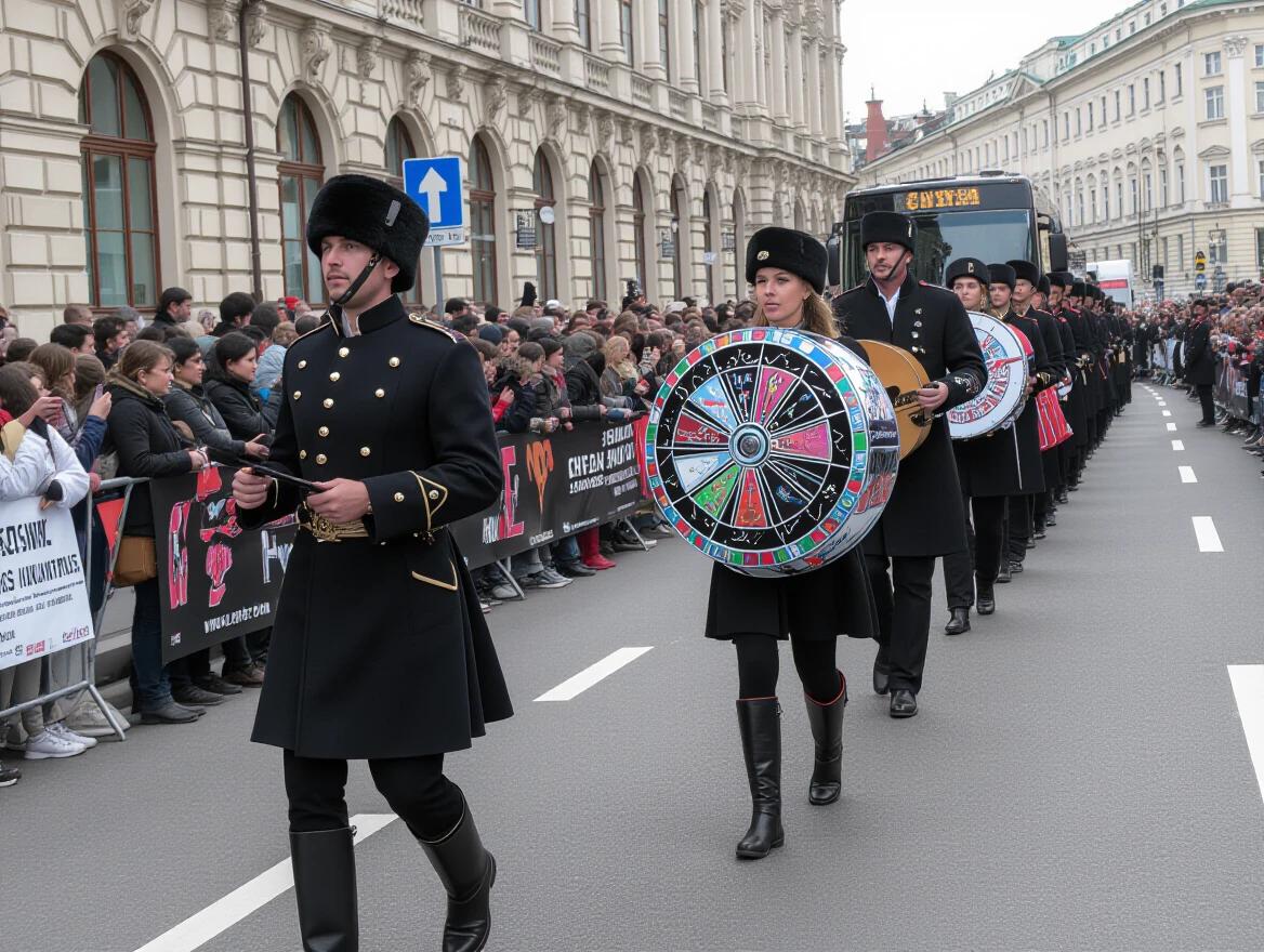 Image captures a vibrant street parade. Participants in traditional black uniforms march in unison. A colorful drum is prominently displayed. Large crowd watches along the street. City architecture visible in the background.