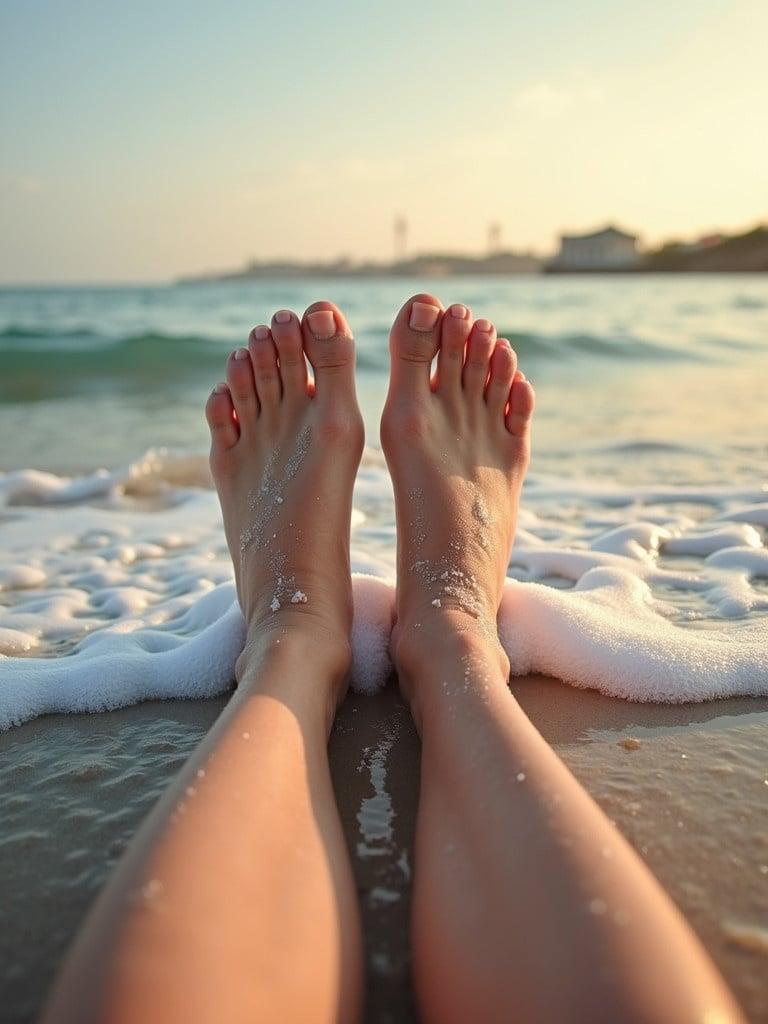 Feet are resting on sandy beach. Waves wash over the feet. The sun is setting in the background. A calm sea is visible. View is low angle from the ground.