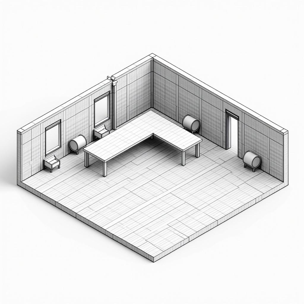 Convert a 2D model into a sectional drawing with varied line weights. Use thicker lines for objects closer and thinner for objects further. Highlight details of tables and cylindrical sections with precise lines. Clearly define walls and structural elements with hatch patterns. Maintain separation between planes to enhance depth.