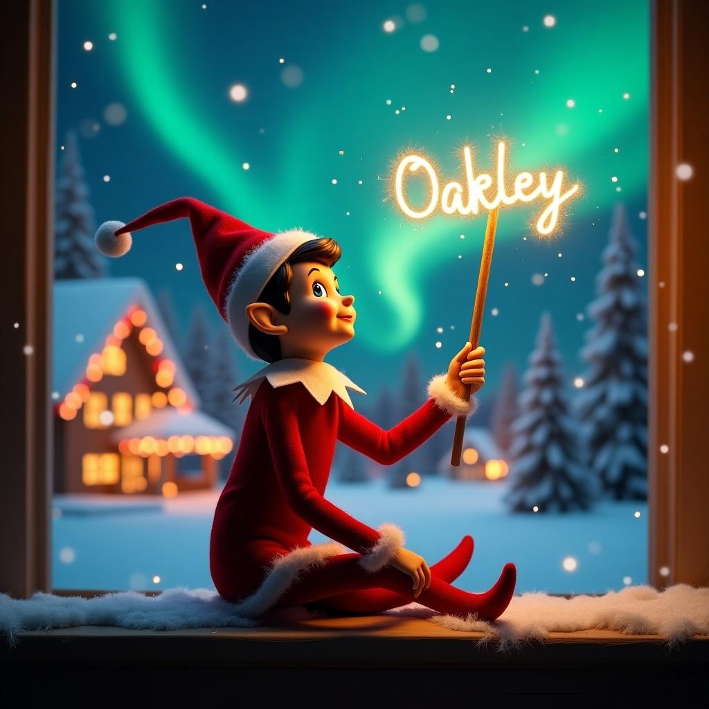 Elf on the shelf gazes skyward. Holds glowing wand emitting sparkles. Christmas scene has colorful northern lights. Cozy holiday house in distance. Snow covers the ground. Elf in playful position embodies Christmas magic. Name ‘Oakley’ appears in air with wand.