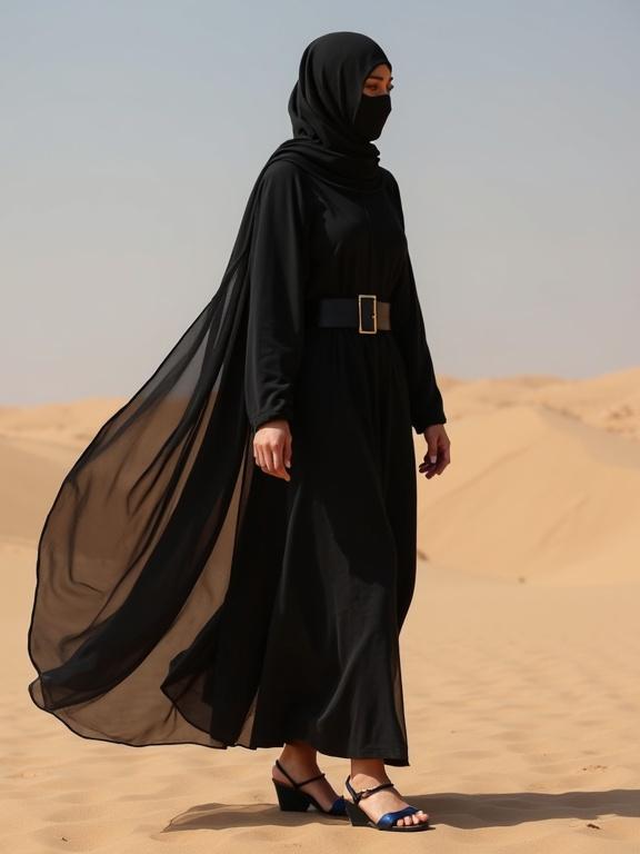 Niqaabi woman walks gracefully on desert sand wearing wedge heels. Black flowing attire and hijab complement desert surroundings. Bright sky enhances visual appeal.